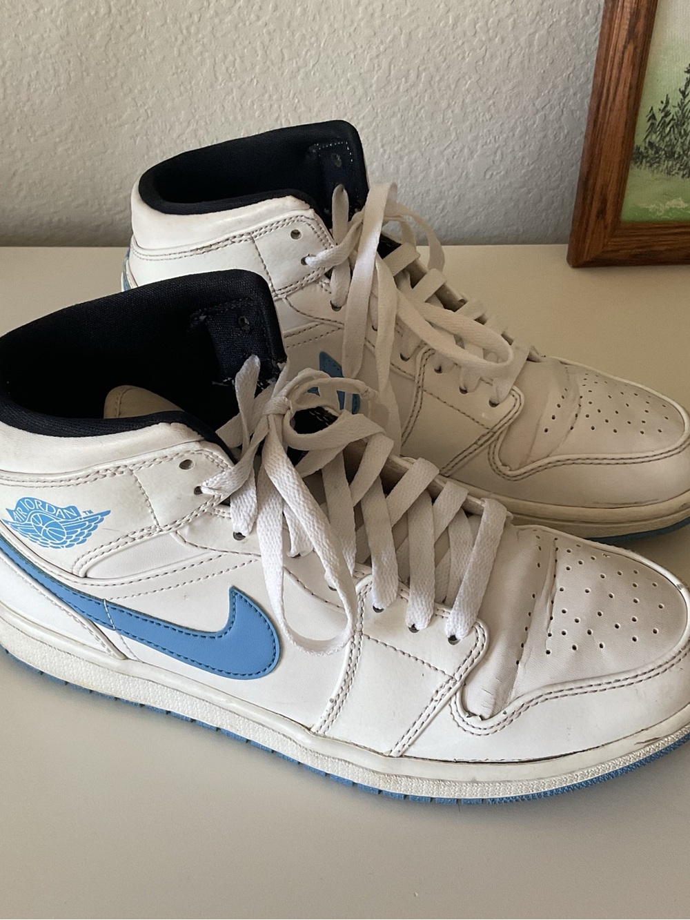 Nike Air Jordan 1 Mid, White and Light Blue Mid-Top Sneakers